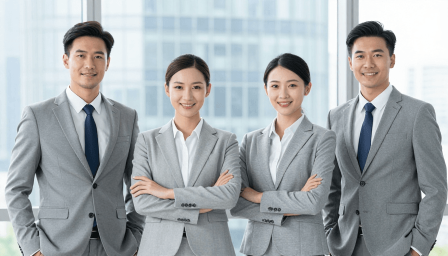 现代办公素材：四位亚洲商务精英自信展现企业形象