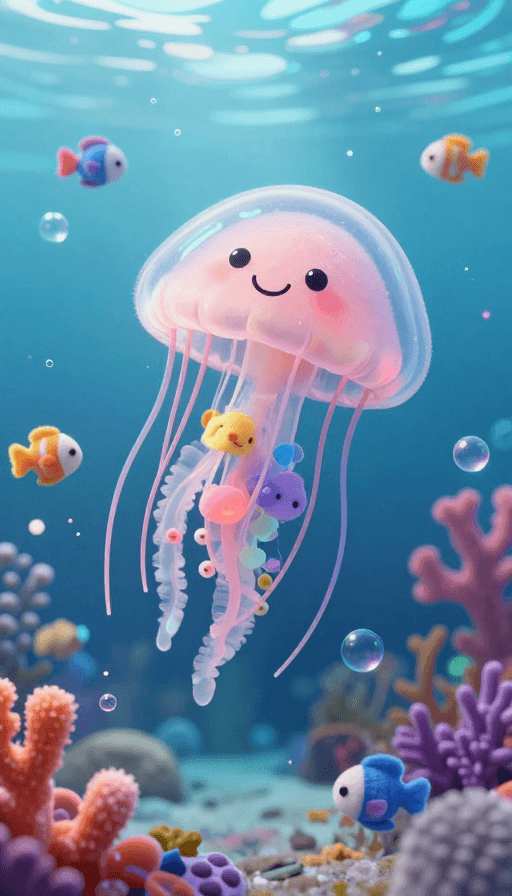 治愈风格素材：梦幻治愈水下世界：毛绒水母与缤纷鱼群