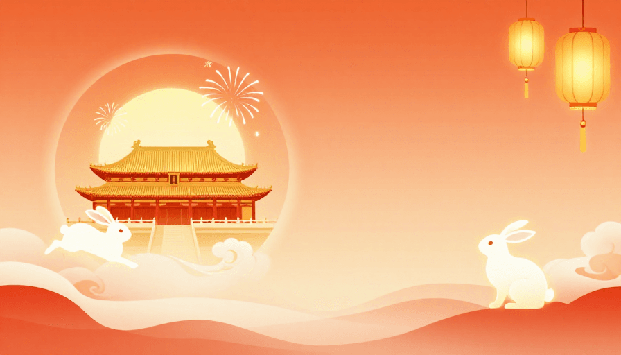 建筑剪影素材：国风玉兔迎春：中秋佳节暖橙插画