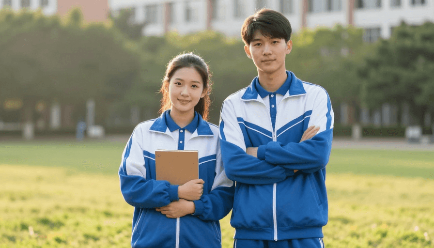 亚洲学生素材：校园青春：蓝白校服学子微笑合影