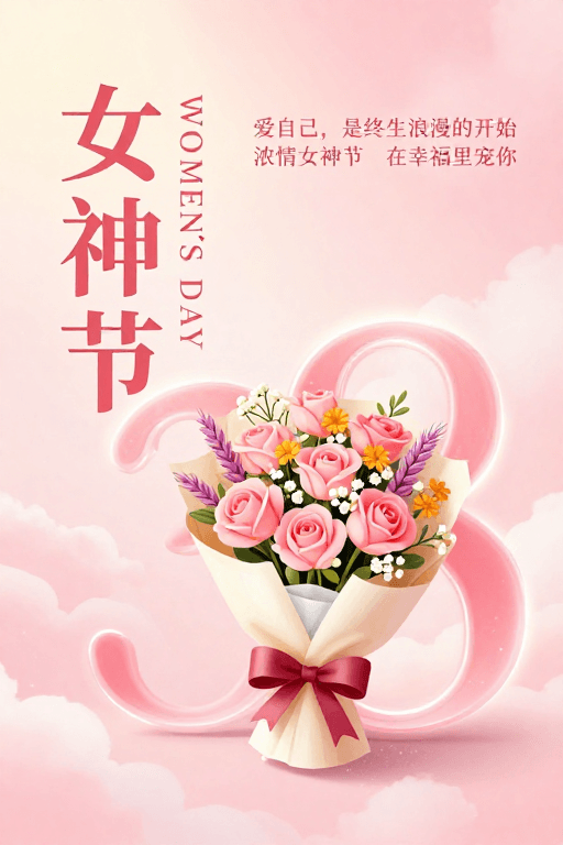 粉色调插画素材：粉调浪漫女神节海报，温馨梦幻氛围