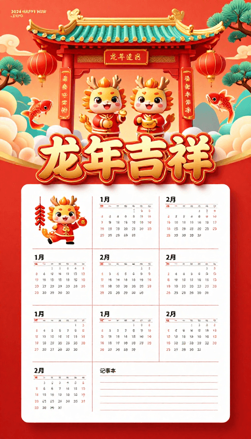 新年日历素材：喜庆中国风龙年吉祥新年日历海报