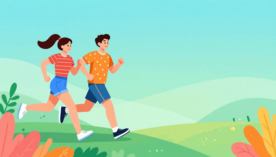 运动背景素材：清新扁平插画：双人运动奔跑背景图