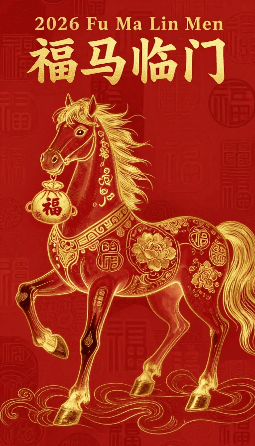 高端壁纸素材：衔福吉马：2026中国风吉祥瑞兽插画