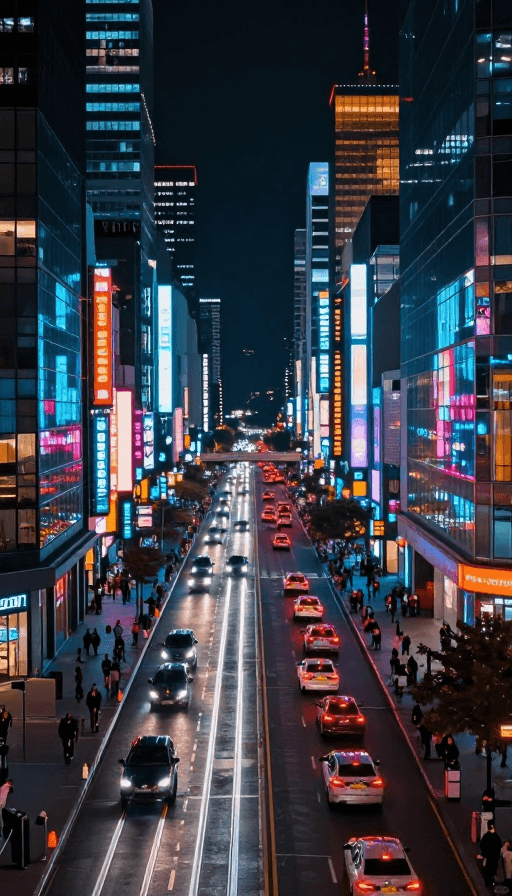 繁华街道素材：超写实繁华街道：霓虹与车流光轨交织的夜景盛宴