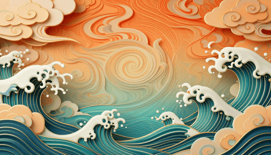 立体艺术素材：东方奇幻高定云海浪3D立体艺术插画