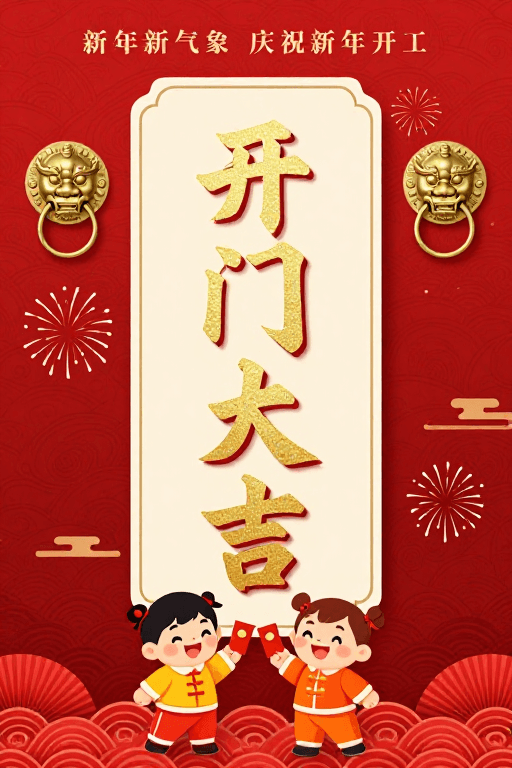 开工祝福素材：开门大吉！新春开工吉祥海报