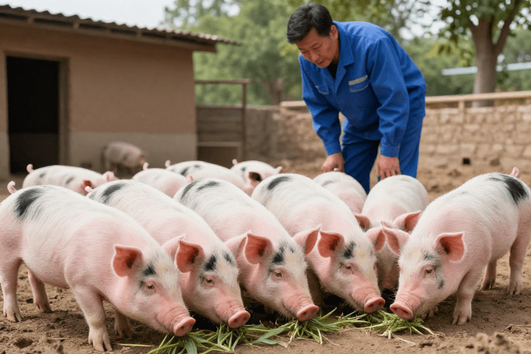 泥土地面素材：高清实拍：粉白幼猪群乡村进食与养殖观察