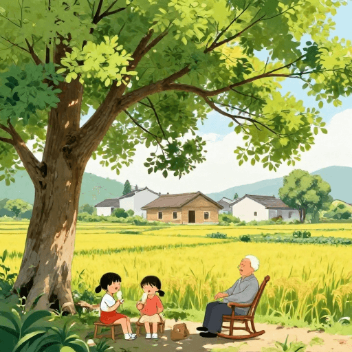 怀旧氛围素材：治愈乡村夏日：香樟树下老幼同乐冰棍时光