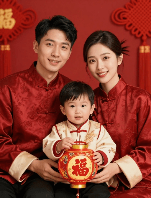 春节氛围素材：中式喜庆家庭合影：爸妈与宝宝的温馨幸福瞬间