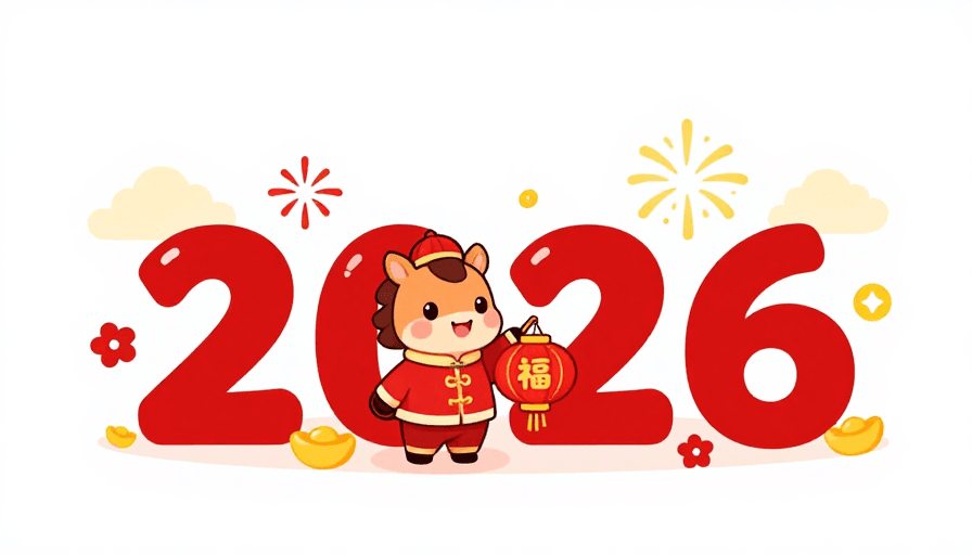 简洁背景素材：2026新年吉祥贺图：卡通马携福灯笼