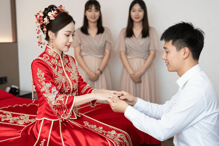 暖光摄影素材：中式婚嫁：红金刺绣新娘低头佩戴戒指的深情瞬间