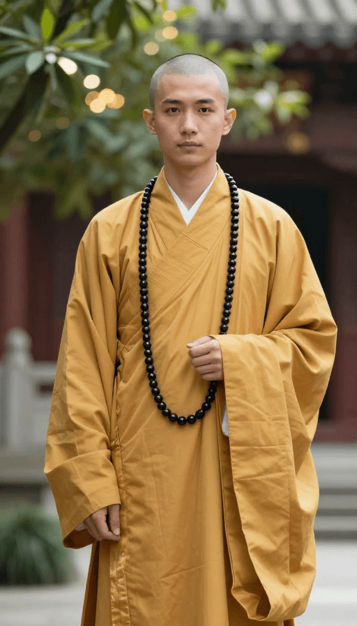 光斑效果素材：金袍持珠僧人实拍：中式禅意氛围摄影