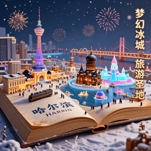 奇幻艺术素材：哈尔滨冰雪奇幻书卷：冬日夜梦与城市光影