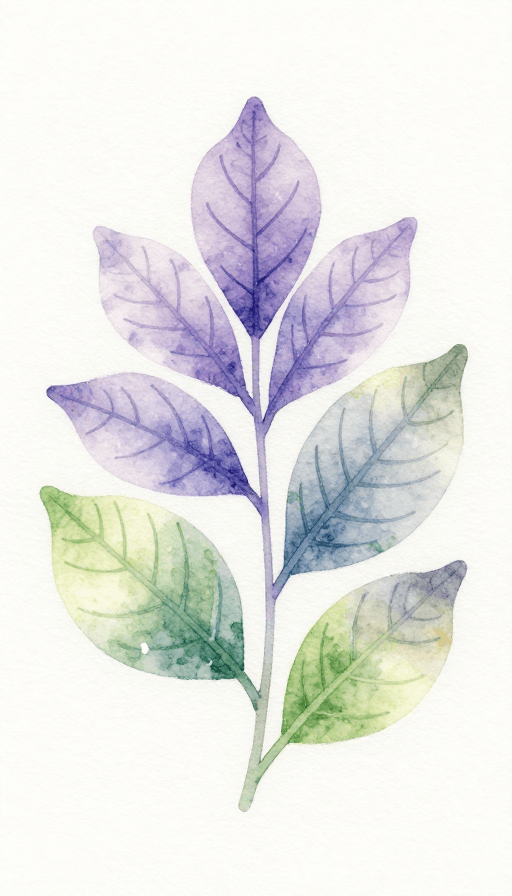 小清新风格素材：水彩治愈系暖紫嫩绿叶脉光影插画