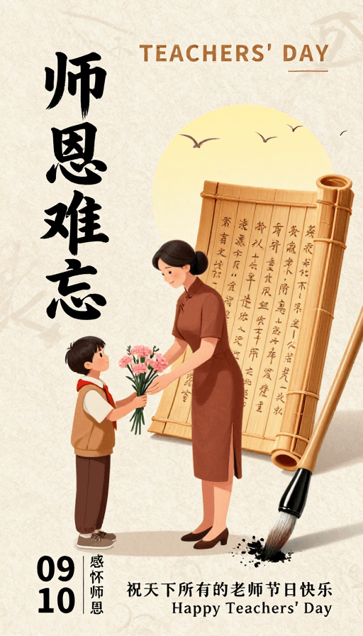 复古纸张素材：中国风教师节海报：师恩难忘，温情相伴