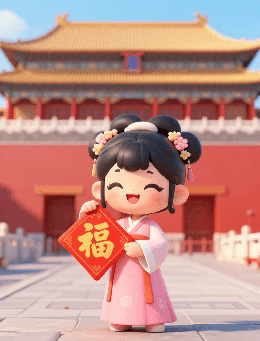 中国风元素素材：古风汉服福娃：红墙下的快乐童年
