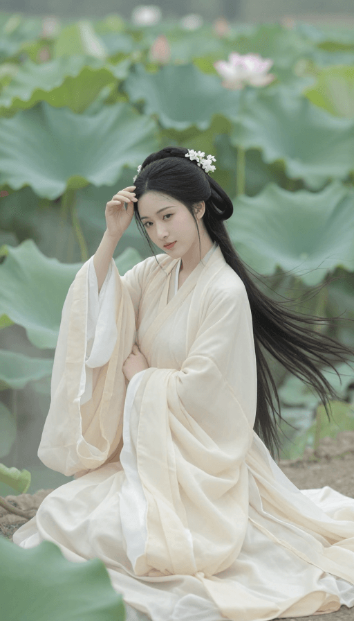 古风人像素材：荷塘清梦：米白汉服女子的国风意境