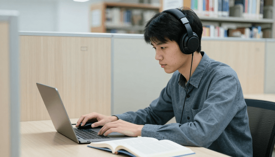 图书馆场景素材：专注学习：图书馆中的青年学者