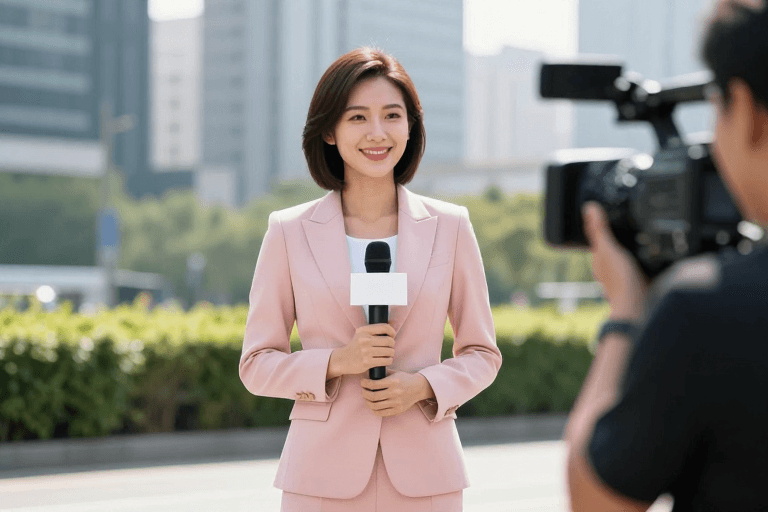 户外摄影素材：亚洲女记者户外播报：专业与真实的新闻风采