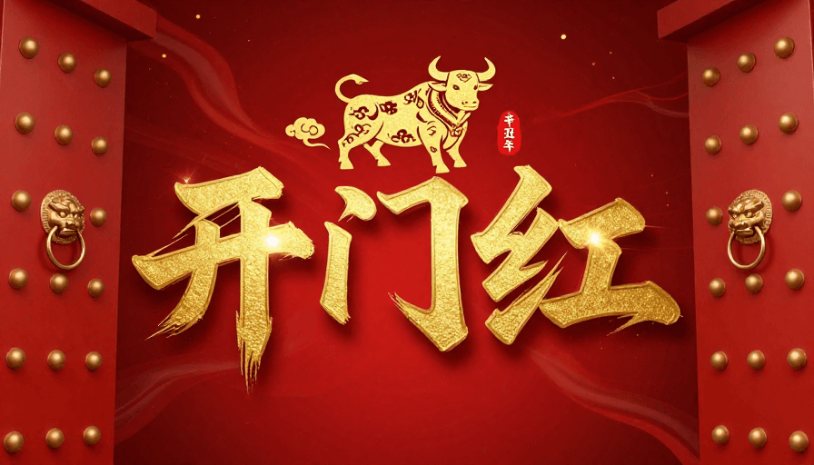 立体浮雕素材：红色中国风新年开门红浮雕海报