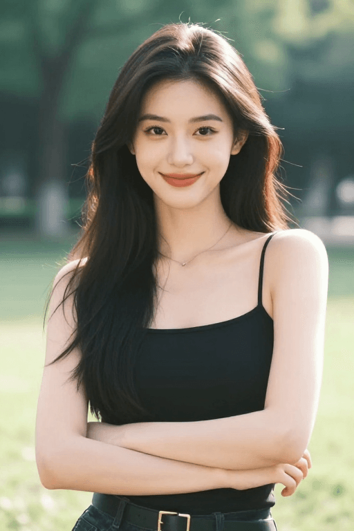 电影光影素材：电影光影下的清纯自信美女，公园背景的高傲笑容