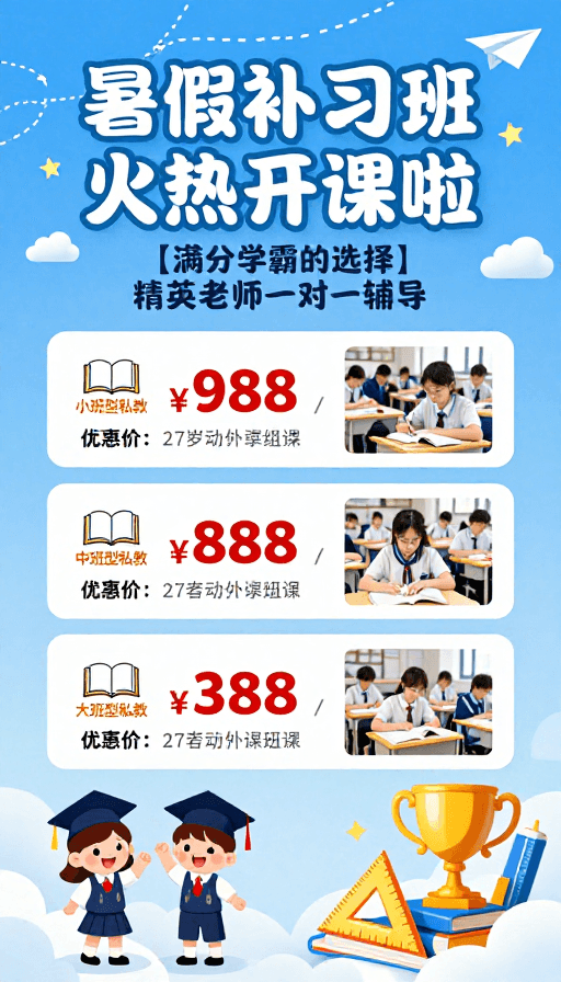 卡通插画素材：暑假补习班火热开课啦 清新活泼专业海报设计