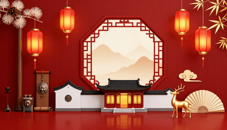 传统节日装饰素材：喜庆中国风红色背景插画，对称窗格与传统庭院装饰