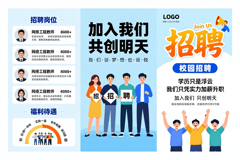 招聘海报素材：清新校招三折页：携手共创未来