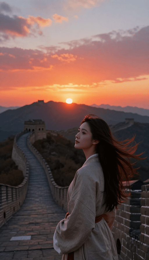 长城素材：长城落日余晖中清丽女子侧影