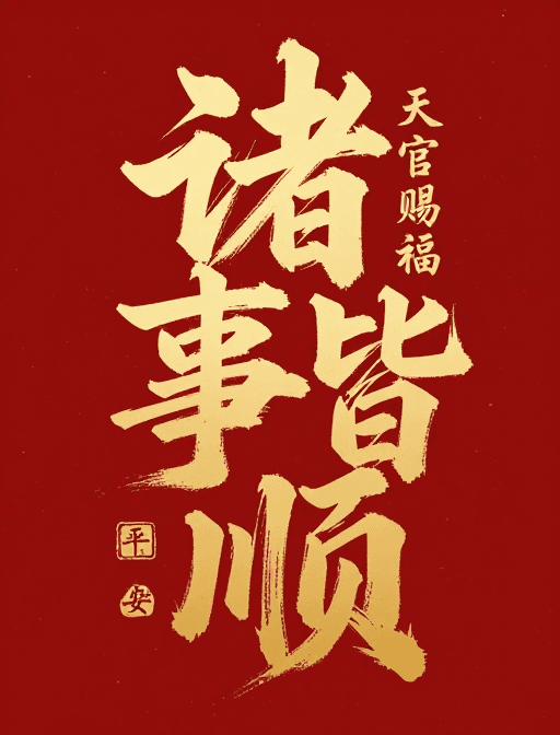 金色渐变素材：国潮风吉祥书法艺术：诸事皆顺金红祝福