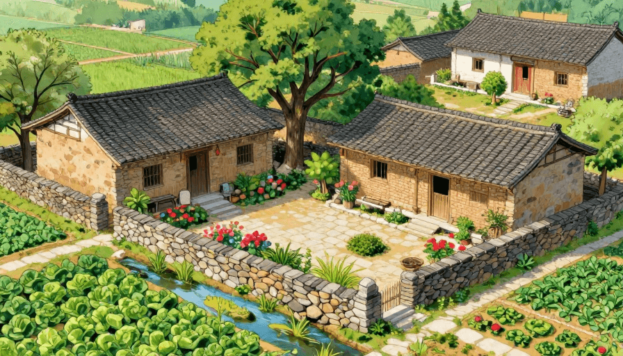 小清新插画素材：夏日中国乡村小屋：清新自然的高清插画