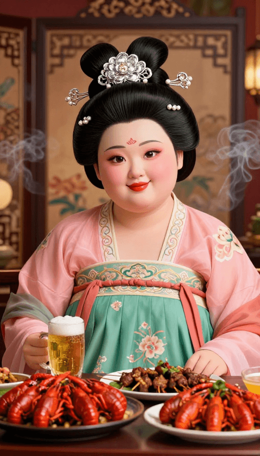 美食夜宵素材：唐风少女与夜市美食：超现实可爱肖像