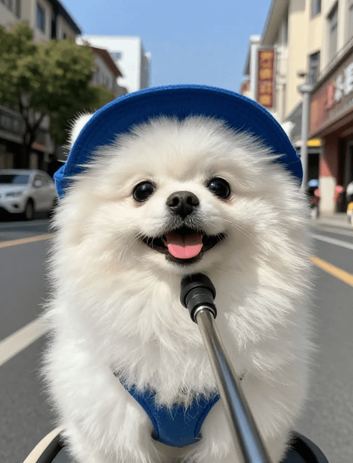 动物摄影素材：蓝帽博美犬自拍：生动街头互动瞬间