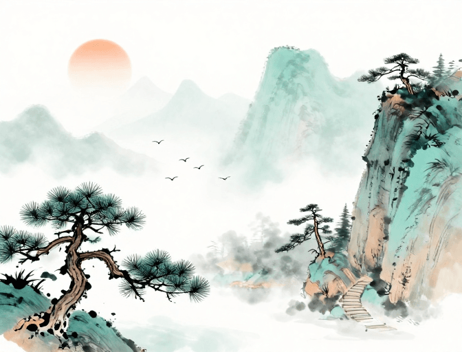青绿设色素材：青绿山水意境留白水墨画