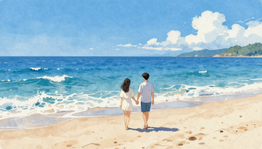 艺术装饰素材：东方治愈：海边情侣背影的水彩意境