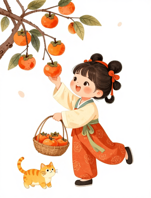 丰收素材：唐风童趣：手绘柿篮与萌猫