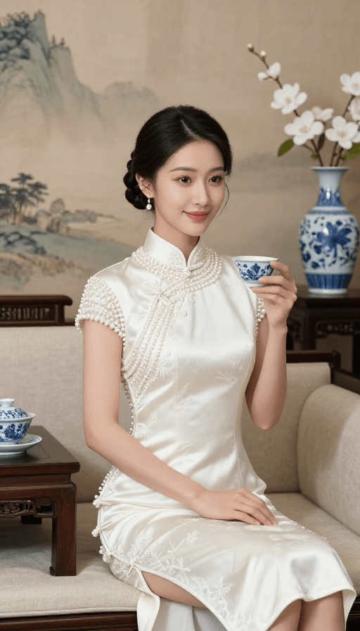 山水背景素材：中式美学：优雅旗袍女子与山水茶韵