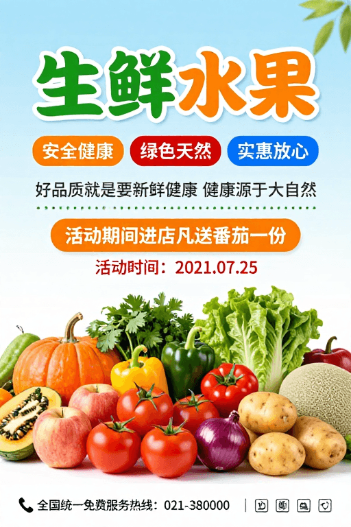 清新设计素材：新鲜健康果蔬促销海报：活力生活从自然开始