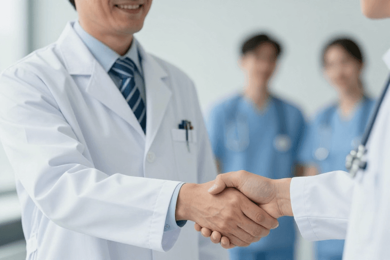 冷色调照明素材：专业携手：医学合作与信任的坚实承诺