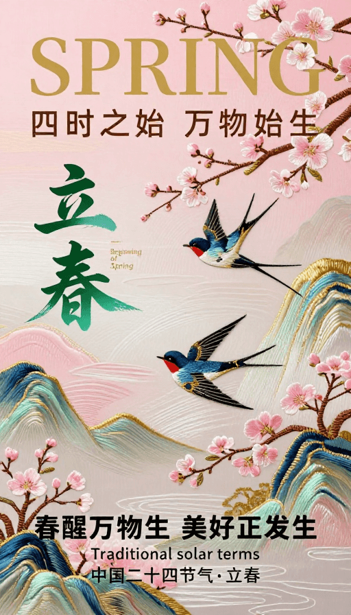 水墨晕染素材：粉金绿中国风立春海报，苏绣质感节气设计