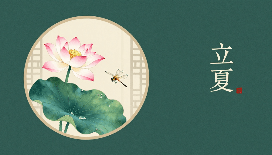 节气海报素材：立夏手绘：粉白莲花与墨绿荷叶的中式插画