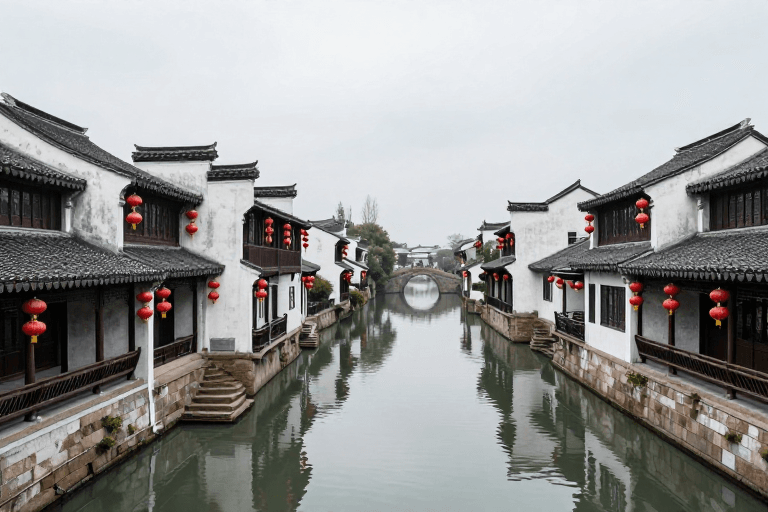 白墙黛瓦素材：江南水乡：静谧古韵与光影的诗意画卷