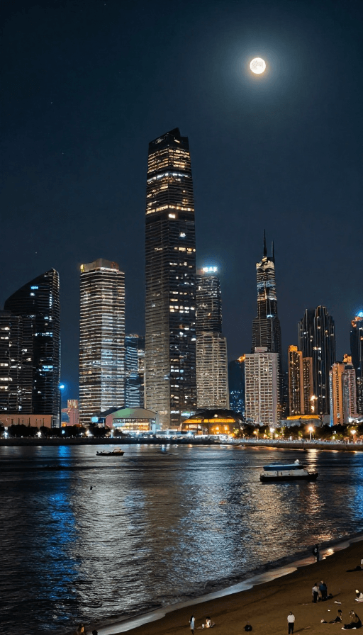 星光月色素材：璀璨海滨夜景：都市灯火与星空交融