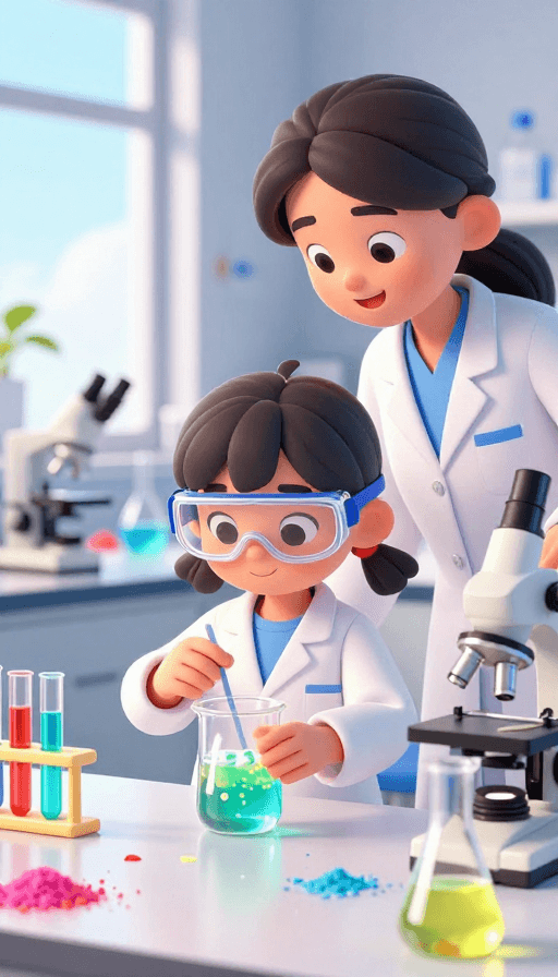 温馨家庭素材：卡通母子科学实验的温馨实验室互动瞬间