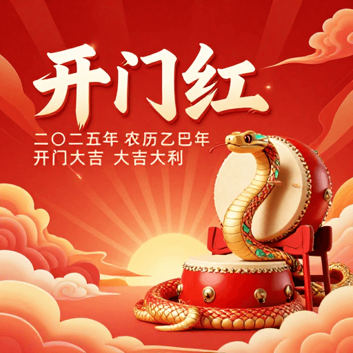 春节宣传用途素材：红金蛇鼓祥瑞，立体书法新春氛围海报