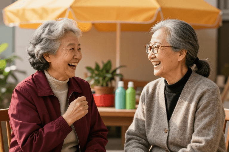 温馨瞬间素材：银发笑语：两位奶奶的温馨午后时光