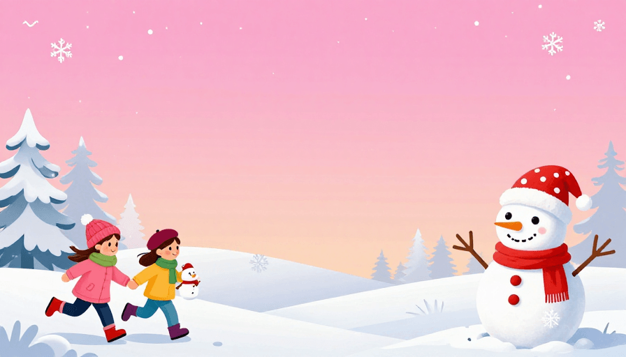 渐变天空素材：冬日童话风背景图：雪花与奔跑的儿童