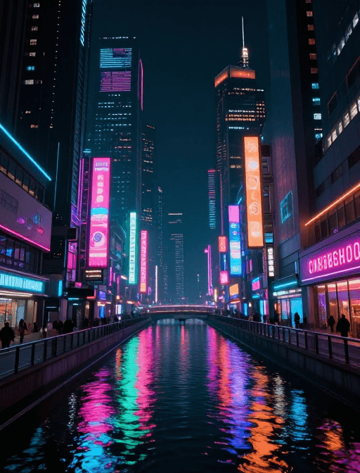 高对比度色调素材：霓虹闪烁的赛博朋克未来城市夜景