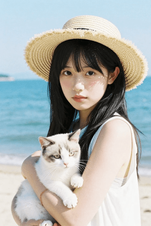 低饱和度素材：日系胶片海边少女：草帽抱猫的小清新镜头
